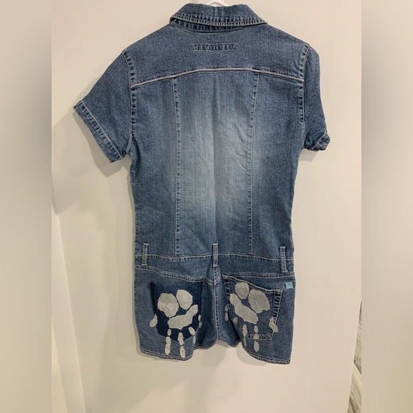 Azzure Denim Jumpsuit Shorts with Frayed Patch Accent - Picture 11 of 14